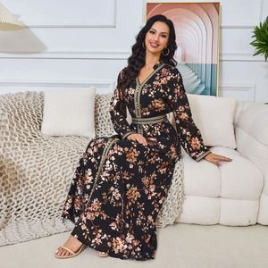 Ethnic Clothing Women Abaya Printed Dress For Fashion Muslim Casual V-neck Party Holiday Vestidos Islamic Moroccan Kaftan