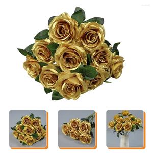 Flores decorativas Flores de ouro rosa Garland Rosas artificiais Vaso Faux Faux Silk Bouquet para enchimentos de decoração CentrulPeces