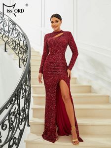 Casual Dresses Missord Wine Sequin Prom Women Elegant Long Sleeve Stand Neck Back Cutout Lår Split bodycon Party Evening Dress Gown