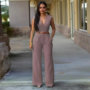 Frauenhose Frauen V-Neck Jumpsuit Eleganter Ärmeln mit Gürtel Taille Wide Leg Office Party Strampler