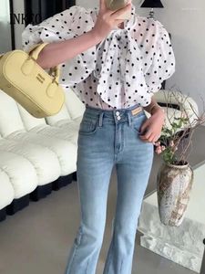 Women's Blouses Streetwear Polka Dot Print Shirt Sheer Bow Tie Organza Blouse Women 2024 Summer Short Puff Sleeve Tops Fashion Lady INKEO