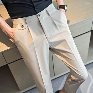 Men's Suits Summer British Style Casual Suit Pants High Quality Dress Men Slim Fit Elastic Waist Formal Social