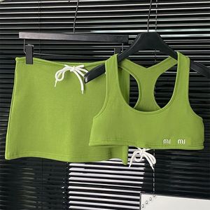 Women logo letter embroidery designer avocado green tank crop top and mini skirt twinset 2 piece dress suit SML