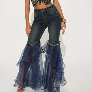 Frauenhose Mode Frauen Mesh Patchwork Denim Flare Hohe Taille gewaschene elastische ausgestellte Party durch die Blütenhose sehen