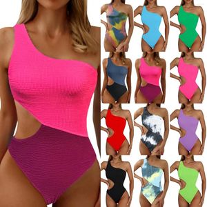 Kvinnors badkläder 2024 Summer One Shoulder Swimsuit Piece Cut Out Sexy Women Textured Monokini Bathing Suit Beach Wear