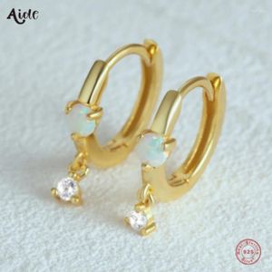 Brincos de argolas auxiliar 925 prata esterlina 1 par Opala pequena com fivela de zircão branco pendurado para mulheres 18k Gold Fine Jewelry Gift