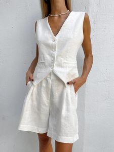 Spring Summer Women Leinen Shorts Set ärmellose V-Ausschnitt Holiday Solid White 2 Two-Two-Patching-Sets für 240429