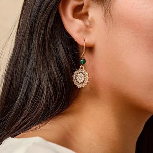 Dangle Earrings Ethnic Style Green Bead Crystal Stone Drop For Women Bohe Pearl Hollow Round Metal Earring Party Jewelry 9347