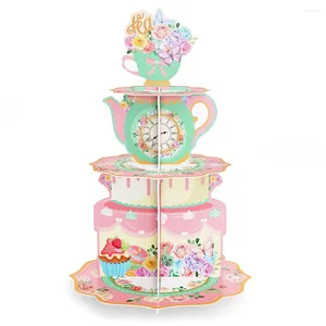 Party Supplies 3 Tier Floral Stand Decor Vintage Afternoon Teapot Cupcake Holder Spring Table Birthday Wedding Dessert Tow