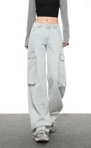 Kvinnors jeans 2024 Autumn Vintage Y2k High midja Street Style Blue Straight Pockets Pants Wide Leg Baggy Denim Trouser