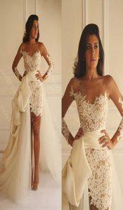 2019 Sexy Summer Beach Wedding Dresses Sheath Detachable Train Long Sleeve Sheer Neck Applique Lace Yasmine Yeya Bridal Gowns Cust9023720