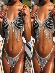 Kvinnors badkläder E5BD Kvinnor Sexig Glitter Rhin Body Chain Bikini Set Shiny Faux Crystal Tassels BH och trosor Underkläder smycken Linge5262743
