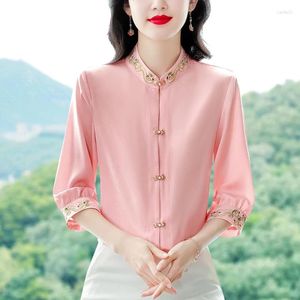 Женские блузки в китайском стиле в стиле ретро, вышитая рубашка для женщин весна и осень стояла шея 3/4 рукава свободные одежды