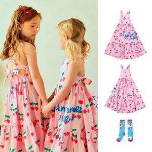 Bebebe Girls Dress 2024 Summer Printing Pink Korean Kids Cloths Princess Cute Halter Childrens Clothing 240426