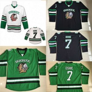 KOB #7 TJ Oshie North Dakota Hockey Jersey Maglie a cucitura cucita al 100% combattendo Sioux Dakota College Hockey Maglie bianca nera verde