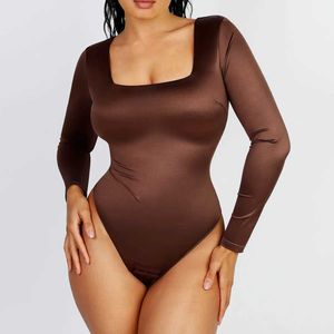 Women's Jumpsuits Rompers Sexy Thong Corset Square Long Slve Slk Bodysuit Slimming Sheath Woman Falt Belly Waist Trainer Shapewear Woman Bodysuits Y240504