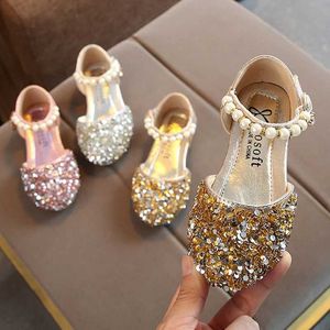 Flatskor Summer Girls Shoes Bead Mary Janes Flats Fling Princess Baby Dance Kids Sandaler Children Wedding Gold H240504