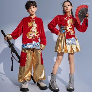 Clothing Sets Kids Boys Girls Chinese Year Clothes Red Vintage Long Sleeve Shirts Golden Skirts Pants Children Tracksuits Costumes