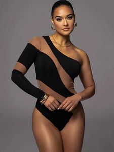 Kobiety Jumpsuits Rompers One ramię siatkowy body bodysuit sham kobiet impreza elegancka moda Strtwear seksowna szczupła osłona kombinezon top żeńskie rompers y240504