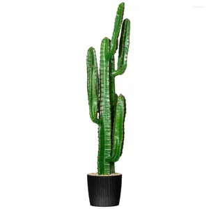 Decorative Flowers 45" Artificial Green Finger Cactus In Gray And Light Red Pot.