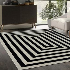 Carpets Contemporary Black & Ivory 4' X 6' Area Rug Contrasting Geometric Modern Stripe Symmetrical Living Room Carpet Rugs