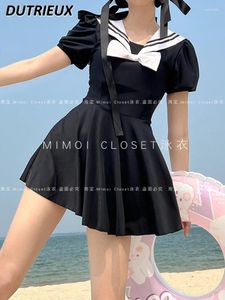 Women's Swimwear Summer Black Sailor Collar Dress Swimsuit Japanese Cute Covered Belly One-Piece Spring Bathing Suit Women