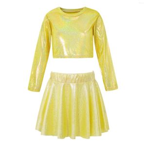 Clothing Sets Kids Girls Sparkling Long Sleeve Round Neck Crop Top With Pleated Skirt Dance Stage Performance Costumes For Competition Party