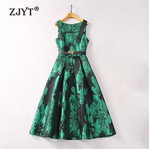 Vestidos casuais zjyt feminino vintage jacquard tank tanque mangas primavera verão 2024 Fashion Square Collar Midi Party Dress With Belt