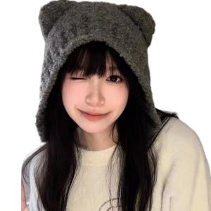 2023 Spring Winter Cute Safety Bear Hats for Women Hat Solid Warmer Thickened Lamb Fleece Travel Hat Pullover Outdoor Ladies Cap