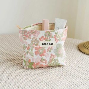 Cosmetic Organizer DJDF Pink Flower Small Womens Cosmetic Bag Double Layer Soft Canvas Portable Sanitary Napkin Storage Bag Coin Purse Ins Style Y240503