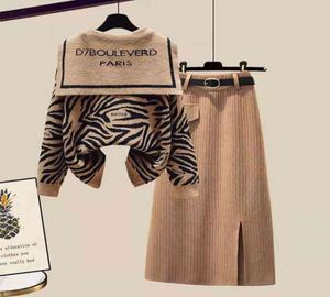 fashion knit two pieces deisnged zebra print tops pullover knee dress casual wear versatile soft sweater autumn winter6674934