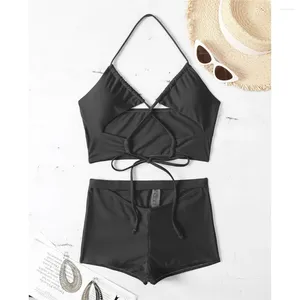 Women's Swimwear Halter Shorts High Waist Bikini Female Swimsuit Women Two-pieces Set Cut Out Bather Bathing Suit Swim Lady K3325