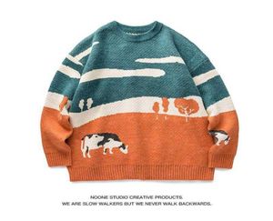 2021 Nowy wzór krowy Jacquard okrągły sweter Pullover Dopasowanie koloru Dopasowanie swobodnego swetra Y09072361868