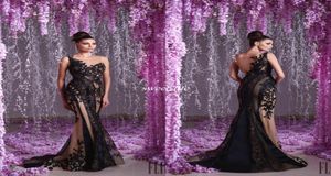 Hanna Toumajean Arabic Evening Dress Black Mermaid Lace Applique Beads Trumpet See Through Prom Gowns Sheer Neck Sexy 2020 Party D5197416