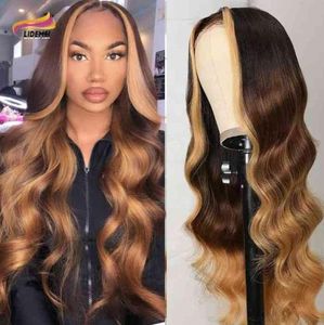 Brasilianska HD frontala peruk Body Wave Highlight Virgin Human Hair Transparent Swiss Spets Front Wigs For Black Women36662821869334