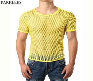 イエローメッシュスルーTシャツの男性セクシーな半袖フィッシュネット透明なTシャツHOMMEヒップホップストリートウェアトップスTEES 2107076308798