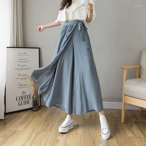 Calça feminina 2024 Primavera no verão Mulheres coreanas plissadas chiffon fêmeas de cintura alta Hakama casual perna larga pantalones