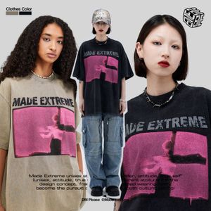 Madeextreme American Street Fashion Brand Mens Rock Print Washed Summer Summer Short Shirt