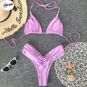 Moda de banho feminina Pulabo Purple Mardão Bikinis Small Ruffle Swimsuit de maiô Printage Mulheres de maiô de banho de retalhos de retalhos de leopardo