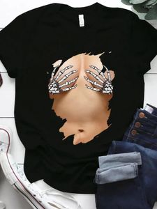 Kadın Tişörtleri 2024 Komik Kafatası El Embeli Gömlek Kadınlar Kısa Kollu O Boyun Gevşek Tshirt Yaz Nedensel Tee Teps Camisetas