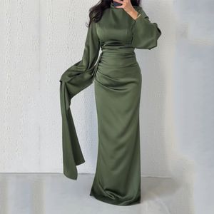 High Neck Sheath Evening Dress Long Sleeve Satin Formal Party Prom Gown for Women