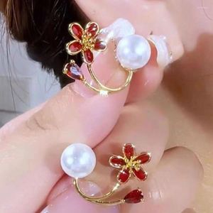 Bolzenohrringe ein Stil zwei tragen süße Perle Blume für Frauen Kristallfisch Schwanz Ehropfen Piercing Hochzeit Mode Schmuck