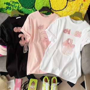 Lös kortärmad t-shirtdesigner T-shirt pärlbrev grafisk tee patch tredimensionell båge t-shirts sommar casual pullover topp asiatisk storlek s-4xl