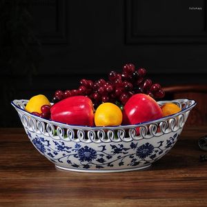 Plates Chinese Style Blue And White Ceramic Fruit Plate Ingot Shaped Dinner Refreshment Tray Snack Salad Bowl Dish