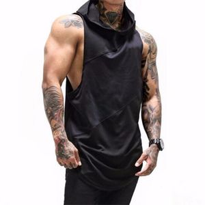 Men Cotton Tanktop Hooded T shirt Bodybuilding Tank Tops Workout Sleeveless Solid Tee Shirts 254M