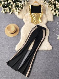 SINGREINY Y2k Vintage 2 Pieces Sets Gold PU Slim Mini TopsHigh Waist Long Flare Pants Women Summer Fashion INS Streetwear Suits 240429