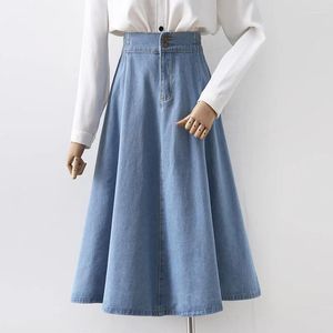 Kjolar ljusblå denim kvinnor sommar vintage 2024 elastisk veckad knälängd a-line elegant kvinnliga kläder toppkvalitet