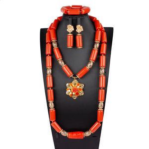Blumenbrosche Doppelschichten nigerianische Hochzeitskostüm Schmuckset Künstliche Korallen afrikanische Perlen Schmuck Set ABS187 240508