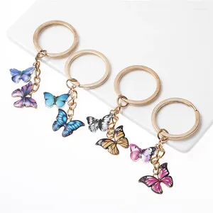 Keychains Fashion Double Butterfly Key Chains Morpho Emalj Insektsmycken för kvinnor Girls Bag Purse Summer Charms Accessory Gift Keyring