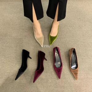 Flashion Heels Shoes Low Heel Poinded Toe Pumps Velvet Slip-On Cozy Heeled High Zapatos Mujer 240429
